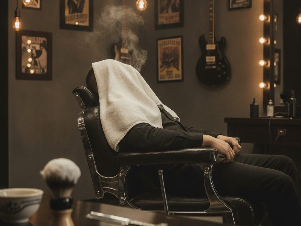 Cliente relajado con toalla caliente en el rostro en un sillón clásico de barbero