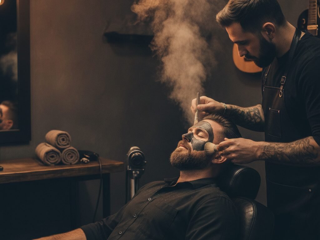 Cliente recibiendo una mascarilla facial profesional en la barbería