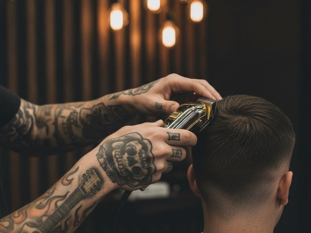 Manos tatuadas de barbero repasando la nuca de un corte con máquina